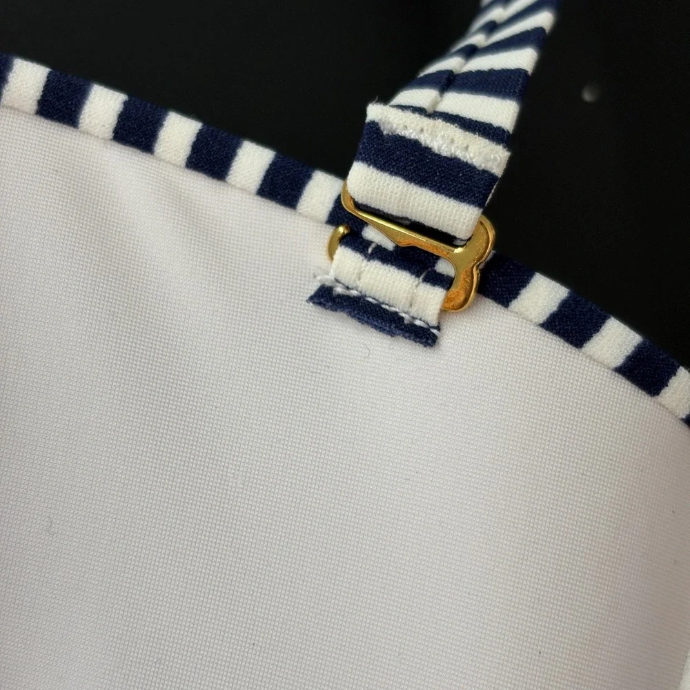 Tory Burch Womens Bikini Top L Blue White Stripe Underwire Halter‎ Bandeau